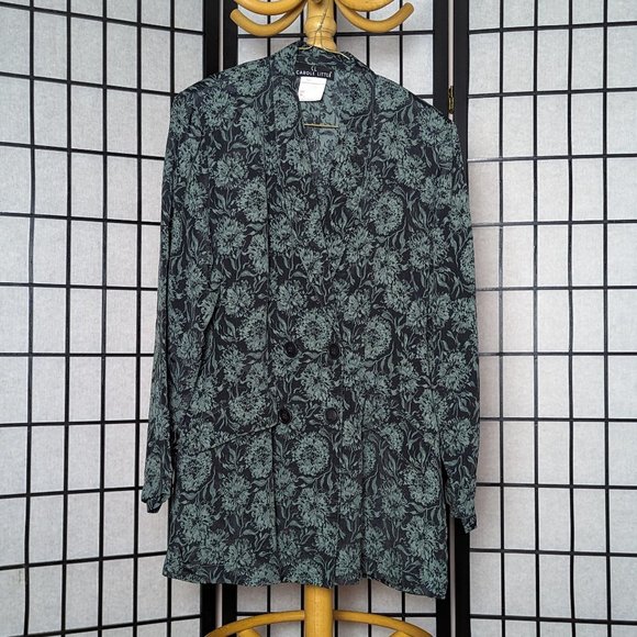Vintage Carole Little green and black floral pattern lightweight blazer - Picture 1 of 5